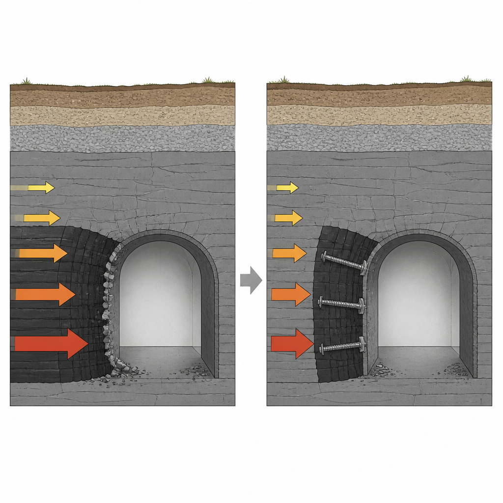 Figure 1. Wie schräg angebrachte Bolzen Kohle und Gestein zusammenbinden, um das Gleiten und die Verformung tiefer Bergwerksstollen zu verhindern.