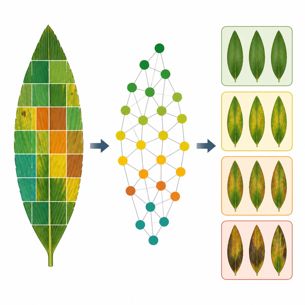 Figure 2. The system cuts a leaf into regions, links them as a network, and sorts each leaf into disease groups.