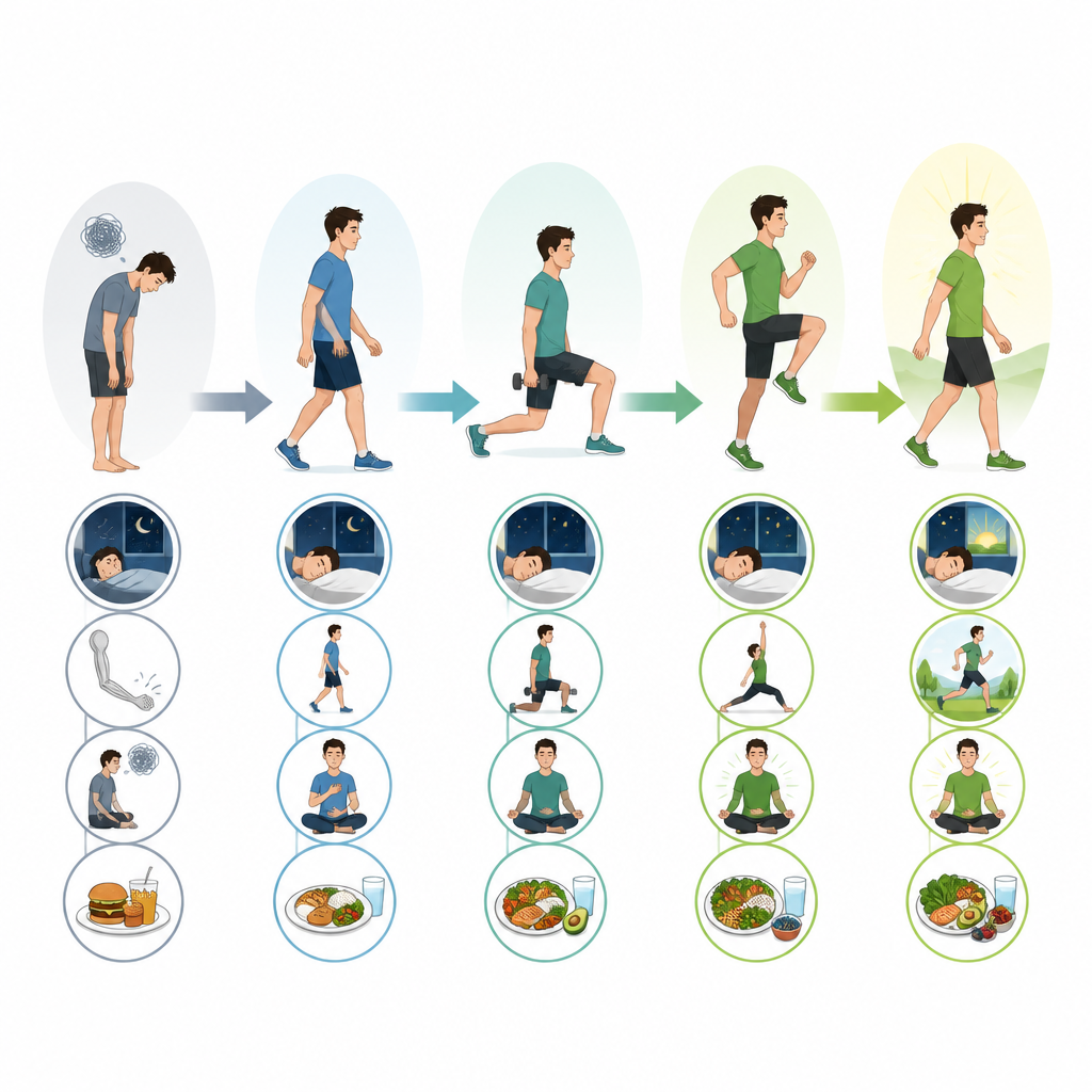Figure 2. Krok po kroku: jak ćwiczenia, spokojne oddychanie, żywienie i sen współdziałają, aby złagodzić długo utrzymujące się zmęczenie po infekcji.