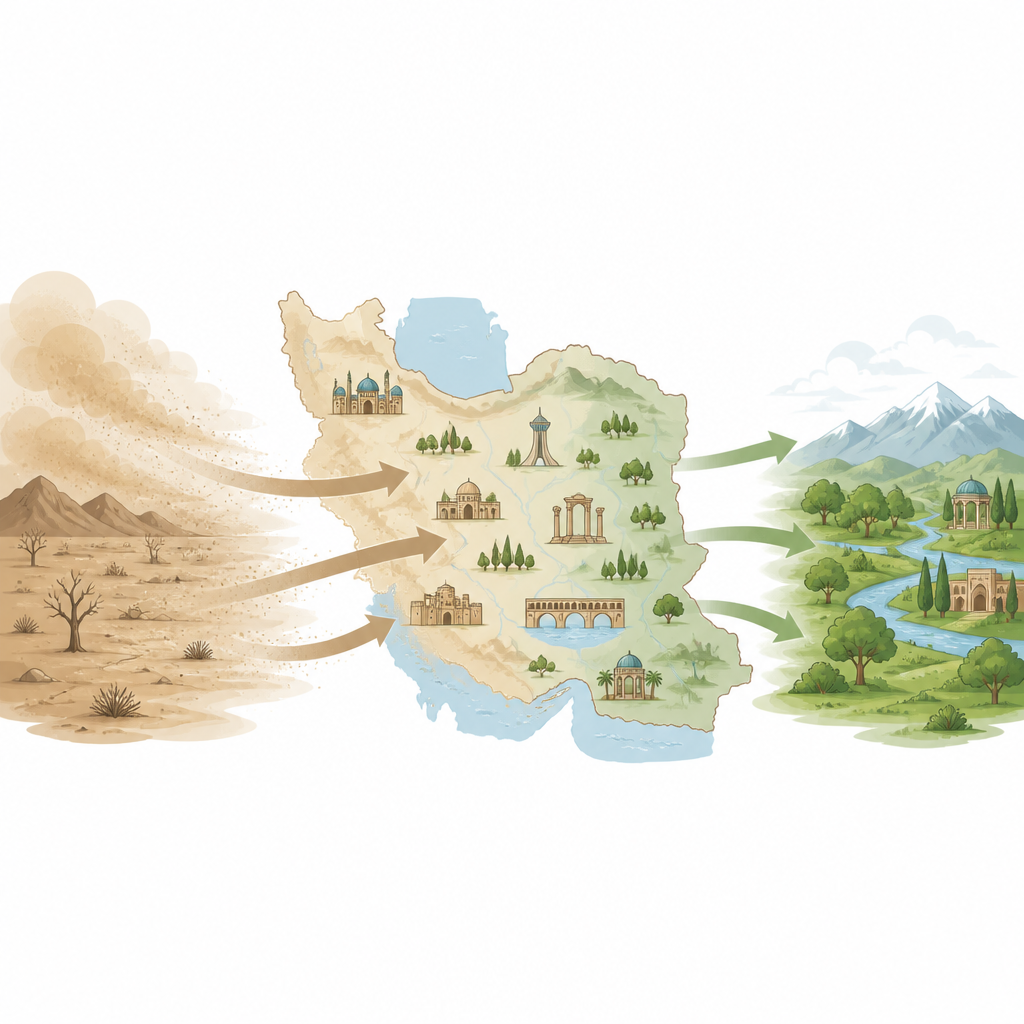 Figure 1. Come le tempeste di polvere in Iran minacciano le regioni turistiche con diversi livelli di rischio.