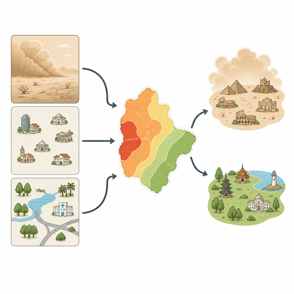 Figure 2. Come polvere, siti turistici e protezione locale si combinano per creare zone di rischio elevato o basso.