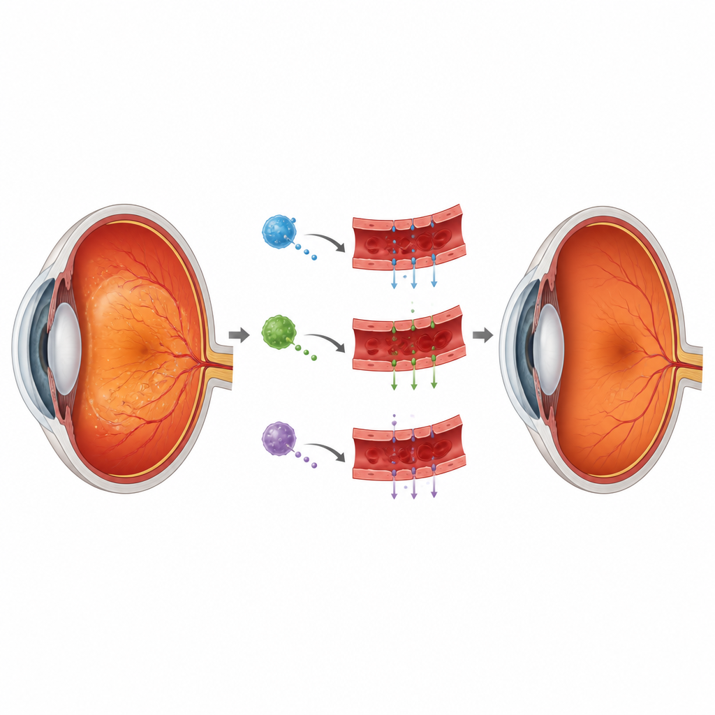 Figure 2. Visione passo dopo passo di come le iniezioni oculari riducono il fluido retinico e il gonfiore nell'edema maculare diabetico nel tempo.
