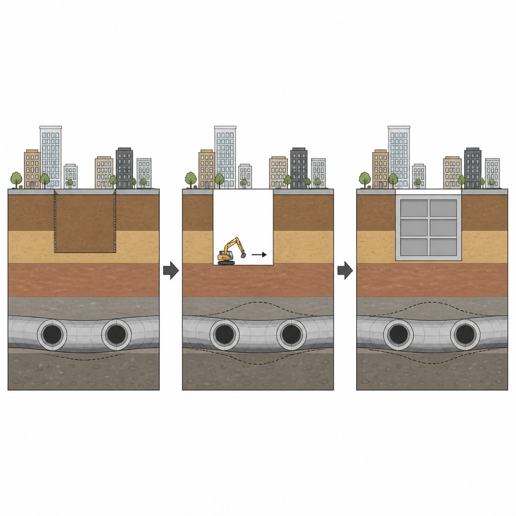 Figure 1. Come pianificare lo scavo di una fossa profonda accanto a una galleria della metropolitana per mantenere la galleria praticamente invariata.