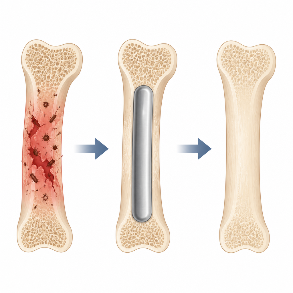 Figure 1. Enfeksiyonla savaşan ve iyileşen kemiği destekleyen eriyen bir metal kemik implantı.