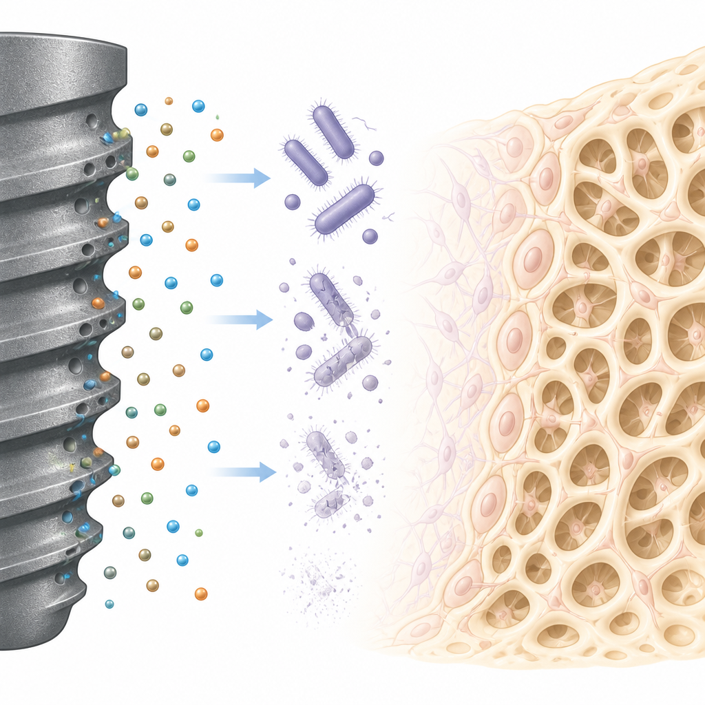 Figure 2. Bir çinko alaşım implantından salınan iyonlar yakınlardaki bakterileri zayıflatırken çevreleyen kemik dokusu daha yoğun ve daha güçlü hale geliyor.
