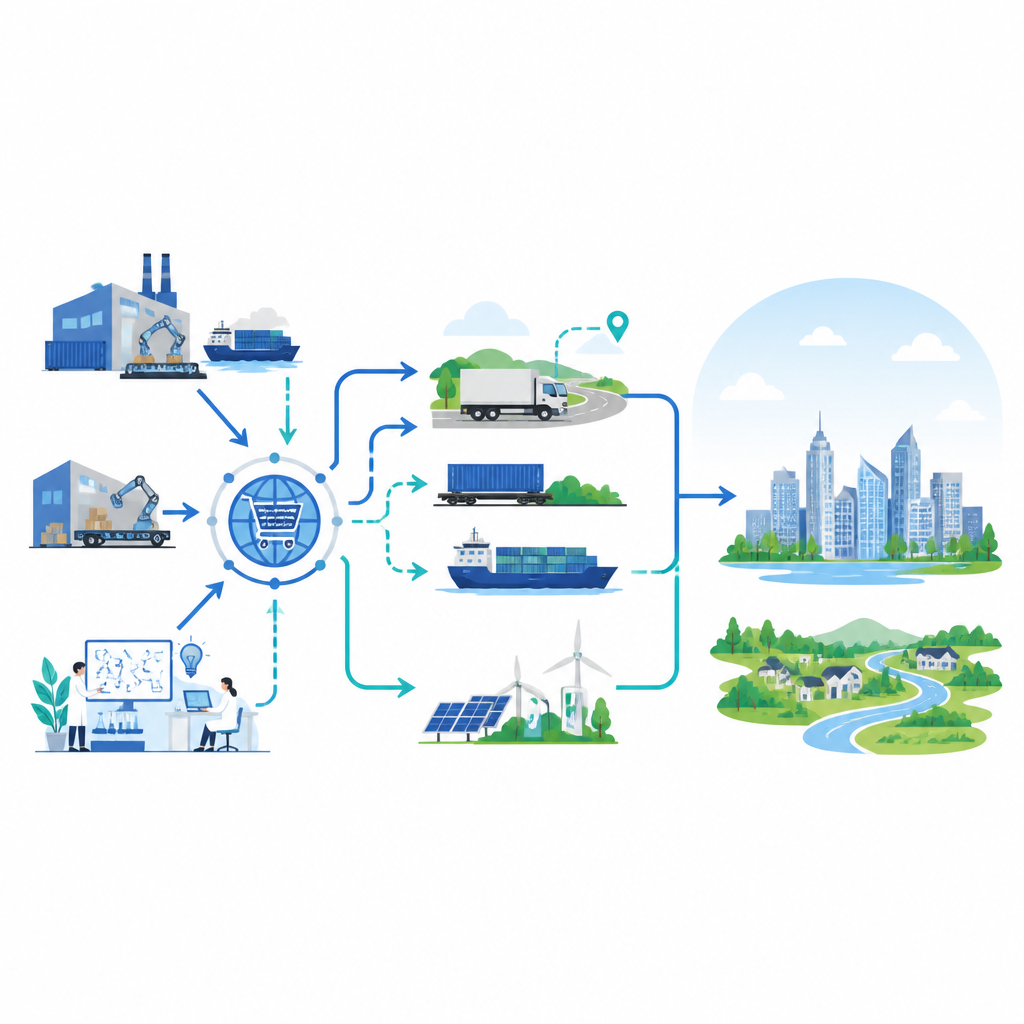 Figure 2. How online trade hubs boost exports and innovation, streamline logistics, and together lower fine particle pollution.