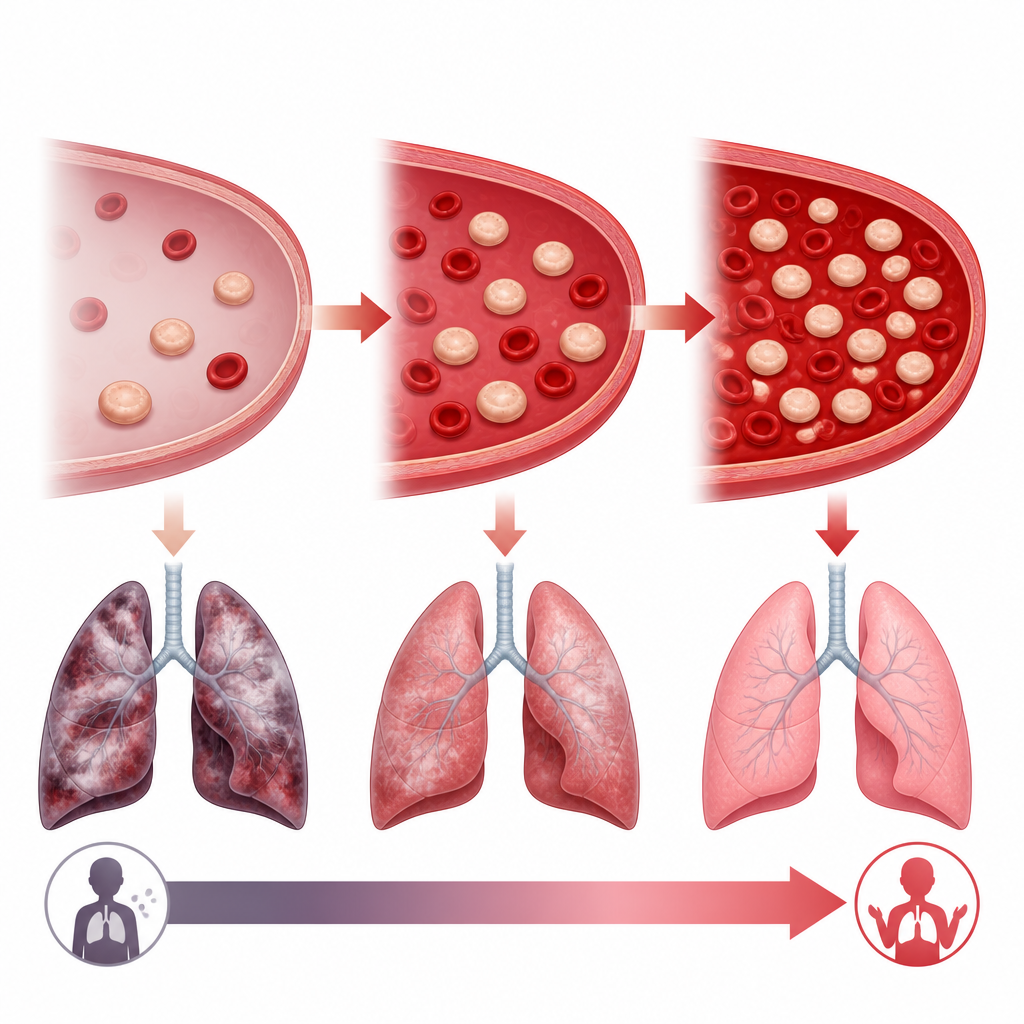 Figure 2. Visione progressiva dell’aumento delle piastrine insieme al miglioramento delle condizioni polmonari e alla riduzione del rischio di morte a breve termine.