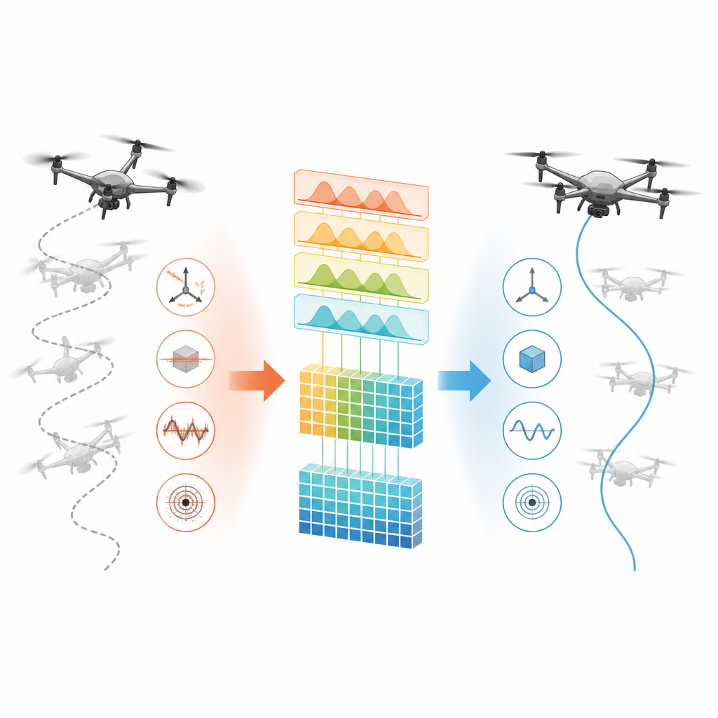Figure 2. How an adaptive controller reshapes faulty sensor signals so a drone quickly returns to smooth, stable flight.