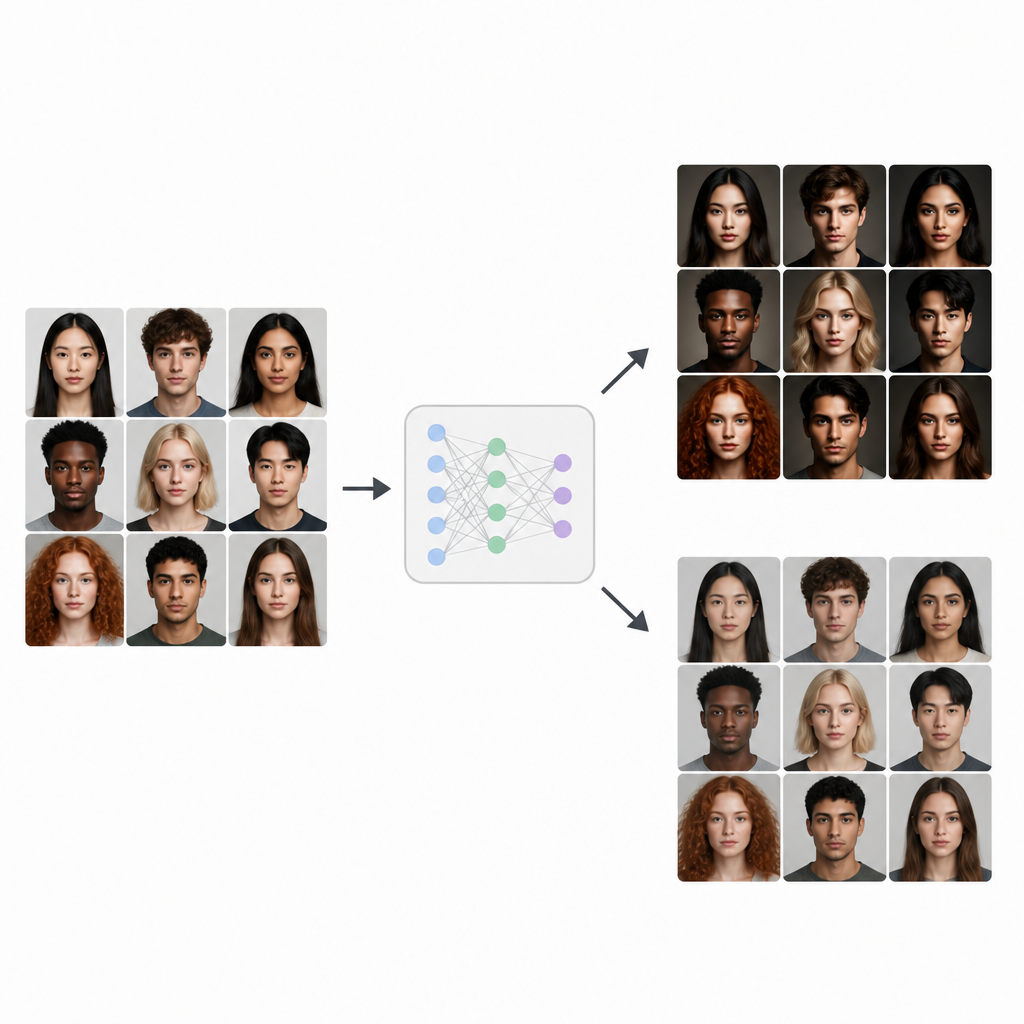 Figure 1. Jak AI może przesunąć zdjęcia twarzy w kierunku większej lub mniejszej zapamiętywalności, zachowując ich naturalny i realistyczny wygląd