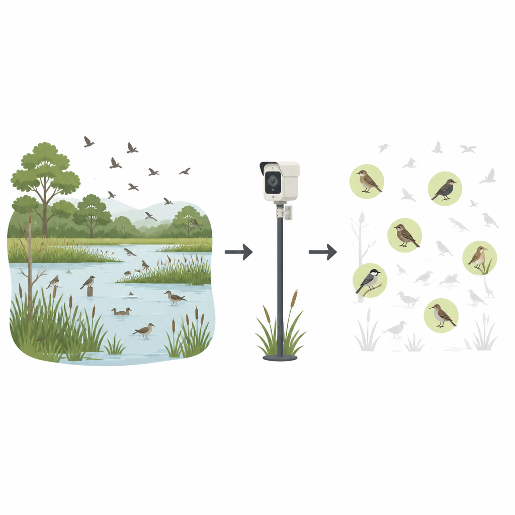 Figure 1. Come telecamere e intelligenza artificiale trasformano scene complesse di zone umide in mappe chiare di molti piccoli uccelli.
