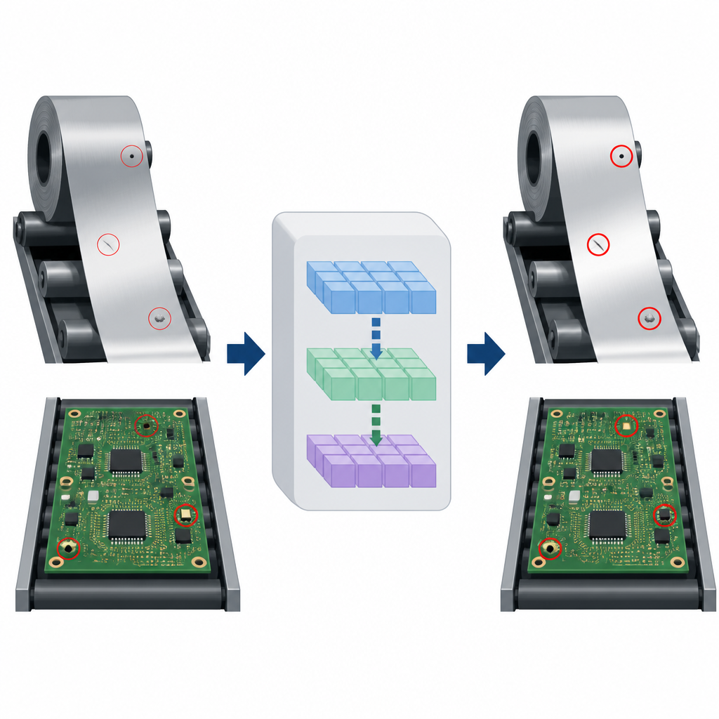 Figure 1. Wie ein kompaktes KI-System Stahl und Leiterplatten in Echtzeit inspiziert, um winzige Oberflächenfehler zu erkennen.