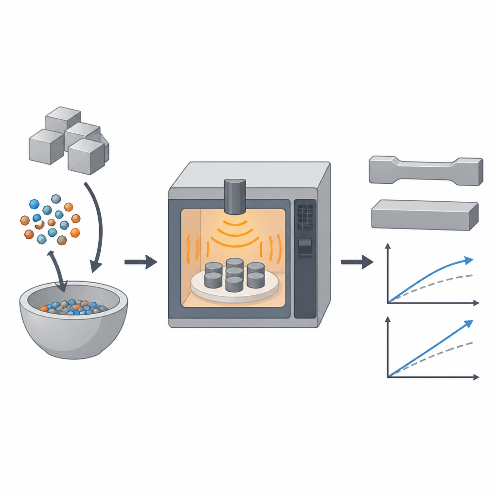 Figure 1. Cómo el ajuste de partículas y del procesamiento en polvos de aluminio conduce a piezas ligeras más resistentes y duras.