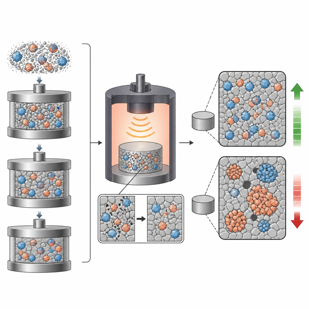 Figure 2. Cómo la presión, el calentamiento y el equilibrio de partículas alteran la microestructura metálica para aumentar o disminuir la resistencia y la dureza.