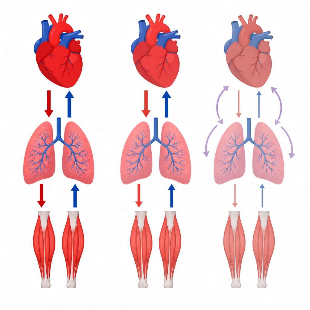 Figure 2. Sangue, polmoni e muscoli interagiscono in modo che anemia e inefficienza respiratoria riducano la capacità di esercizio in alcuni pazienti con scompenso cardiaco.