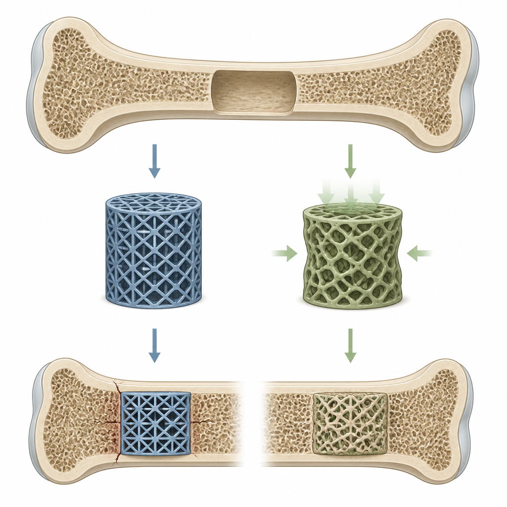 Figure 1. Vergleich zweier winziger 3D-gedruckter Knochenstützen, um zu ermitteln, welche besser Stärke, Flexibilität und Heilungsförderung ausbalanciert.