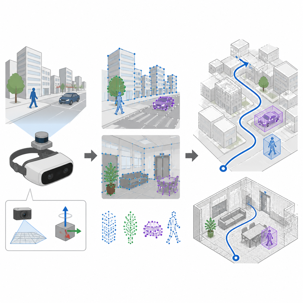 Figure 1. Robot o visori che mappano scene indoor e outdoor affollate ignorando persone e auto in movimento.