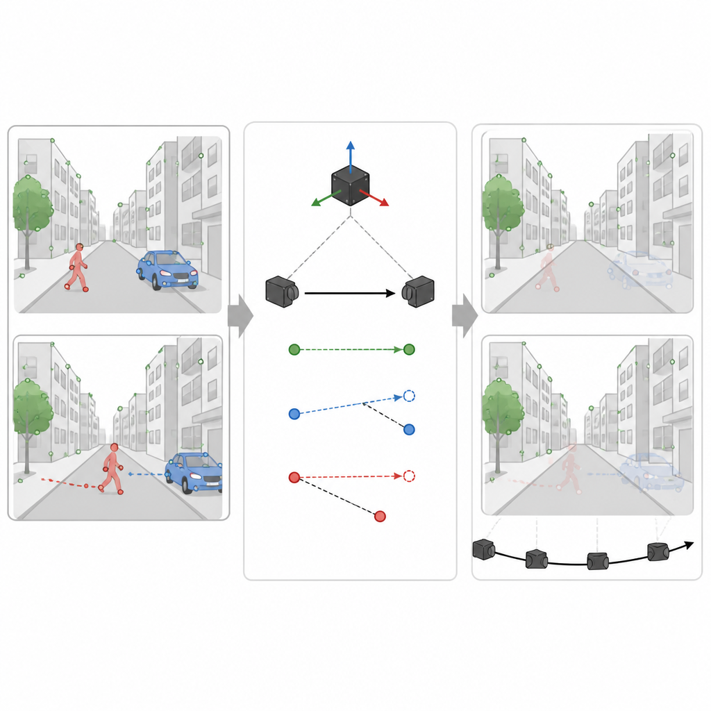 Figure 2. Sistema che confronta indizi dai sensori di movimento e cambiamenti nelle immagini per rimuovere punti su oggetti in movimento dalla mappa.