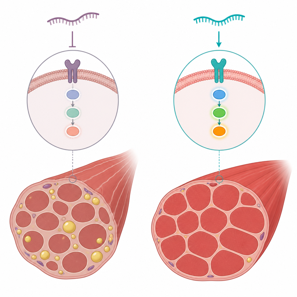 Figure 2. How a tiny RNA switch inside muscle cells controls growth signals and strength during obesity and recovery.