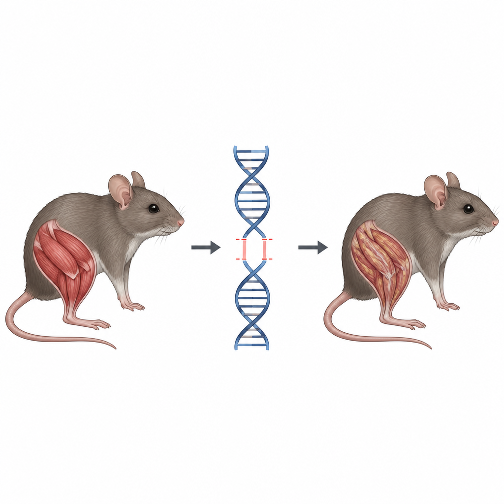 Figure 1. A tiny gene deletion in mice leads to loss of a muscle repair protein and gradual weakening of hip and shoulder muscles.