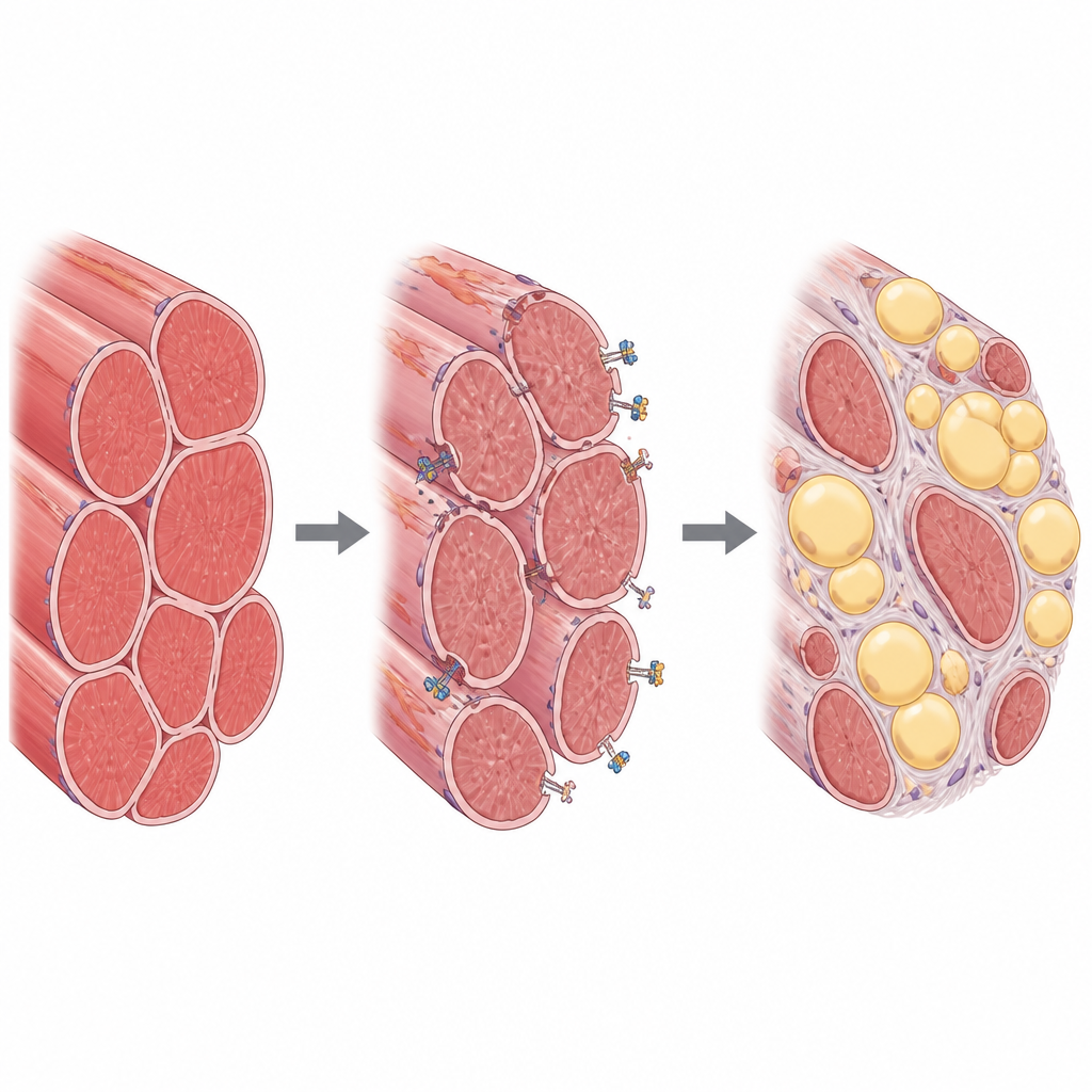 Figure 2. Stepwise view of healthy muscle fibers becoming damaged and then replaced by fat and scar tissue when repair fails.