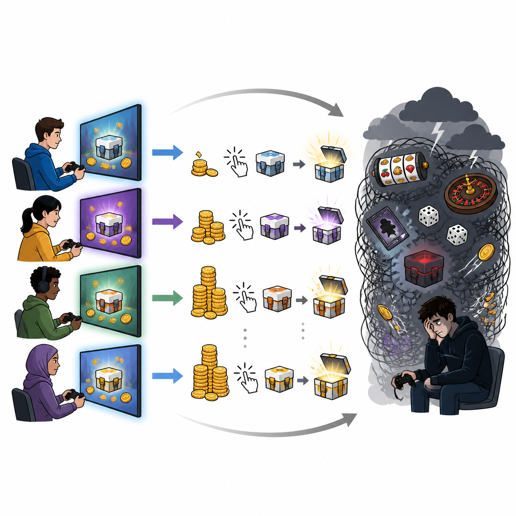 Figure 1. Cómo las cajas de recompensa aleatoria en videojuegos pueden pasar de ser extras divertidos a un uso arriesgado y similar al juego, asociado al estrés y al dinero.
