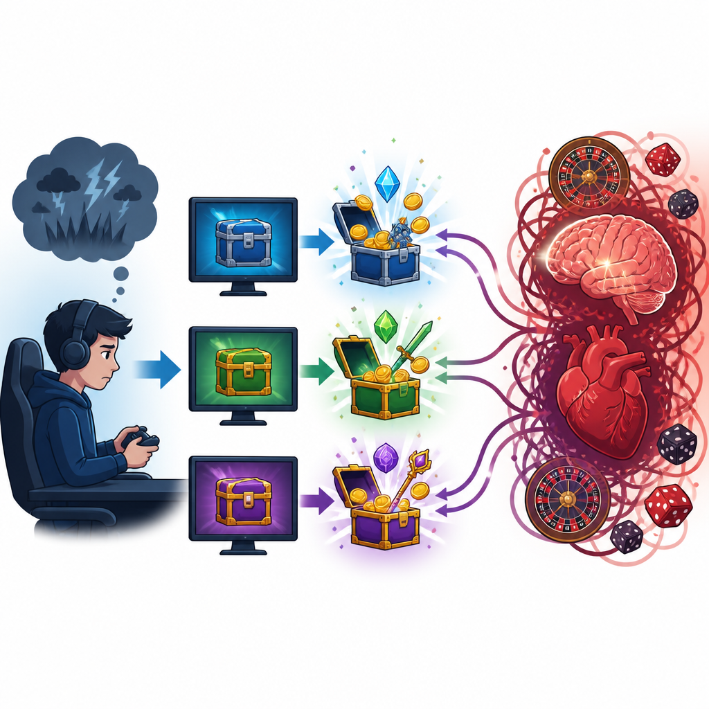 Figure 2. Paso a paso desde sentirse estresado hasta abrir muchas cajas de botín pagadas y desarrollar problemas de tipo ludópata relacionados con el juego.