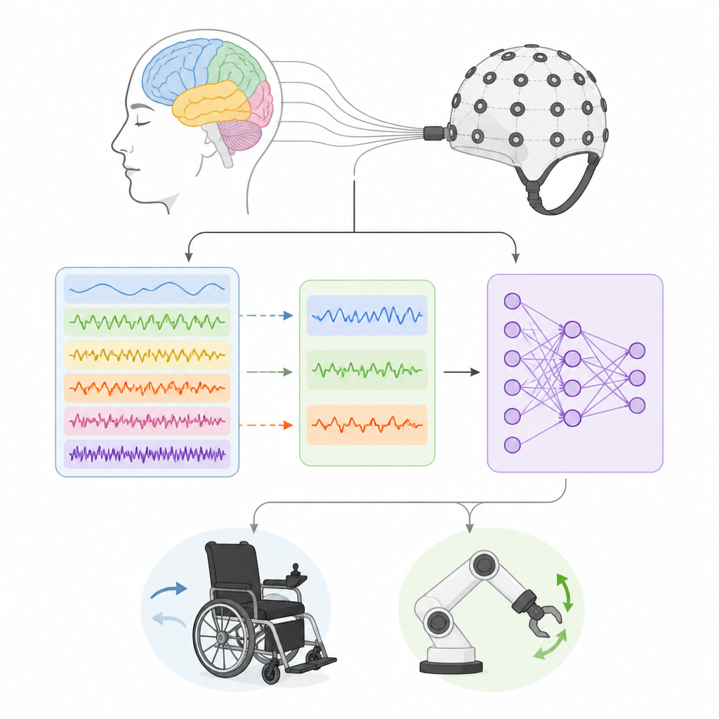 Figure 1. Wie das Vorstellen einer Handbewegung eine Maschine antreiben kann, durch saubereres, intelligenteres Auslesen von Gehirnwellenmustern.
