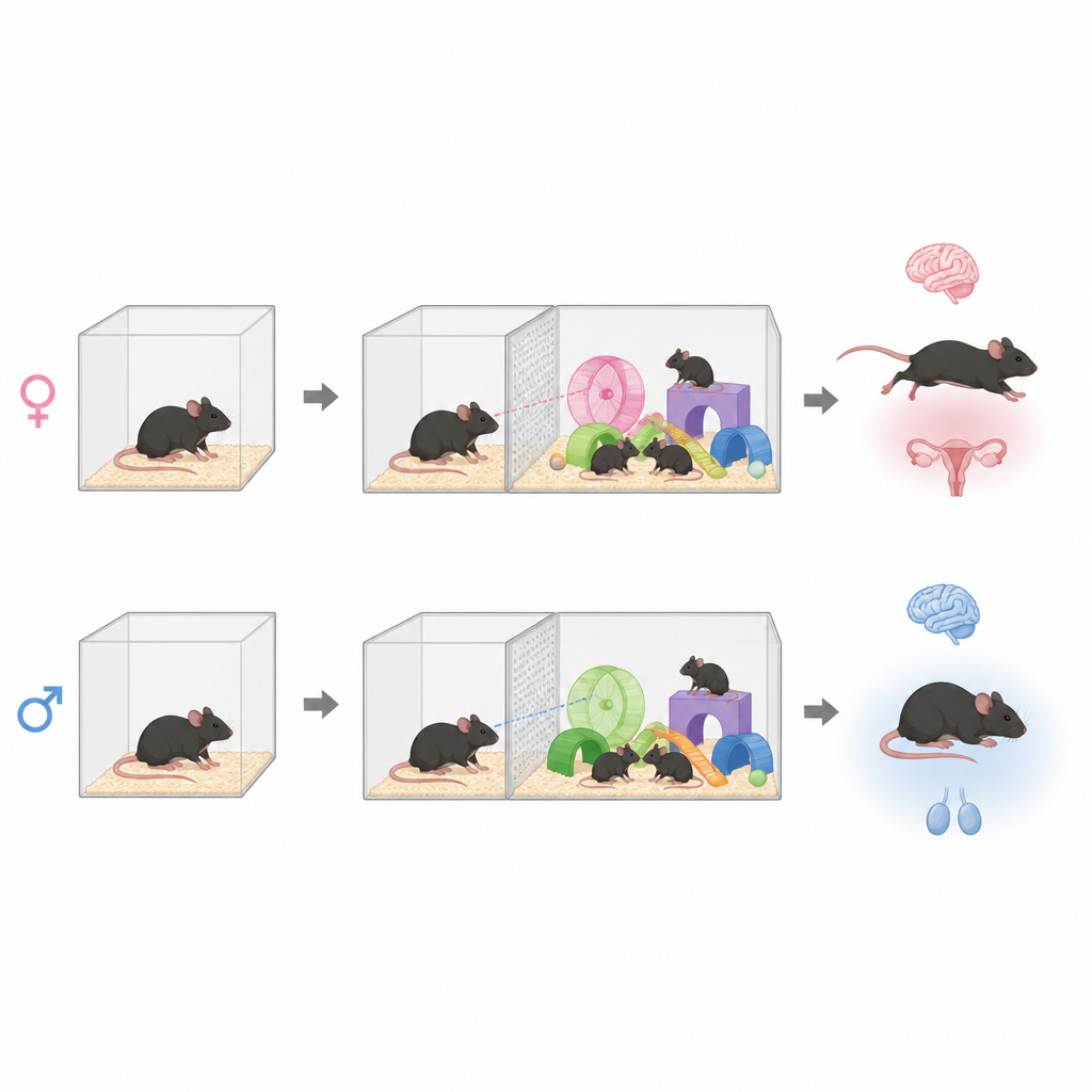 Figure 1. كيف يشكّل مشاهدة الجيران الأكثر حظًا التوتر والسلوك بشكل مختلف لدى فئران المراهقة الذكور والإناث.