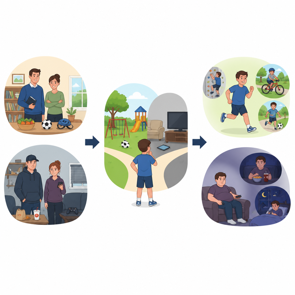 Figure 2. Jak wykształcenie rodziców, ich aktywność i domowe rutyny kierują dziecko ku aktywnej zabawie lub siedzącemu trybowi życia i wpływają na jego sylwetkę.