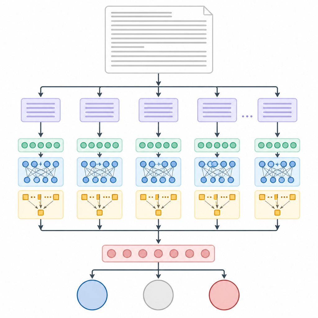 Figure 2. Long article split into smaller pieces, each analyzed then merged to decide its political leaning.