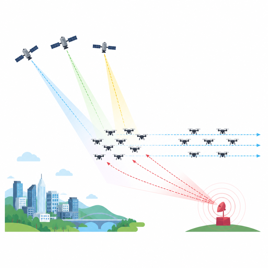 Figure 1. Wie ein Drohnenschwarm auf Kurs bleiben kann, selbst wenn Satellitensignale gefälscht werden.
