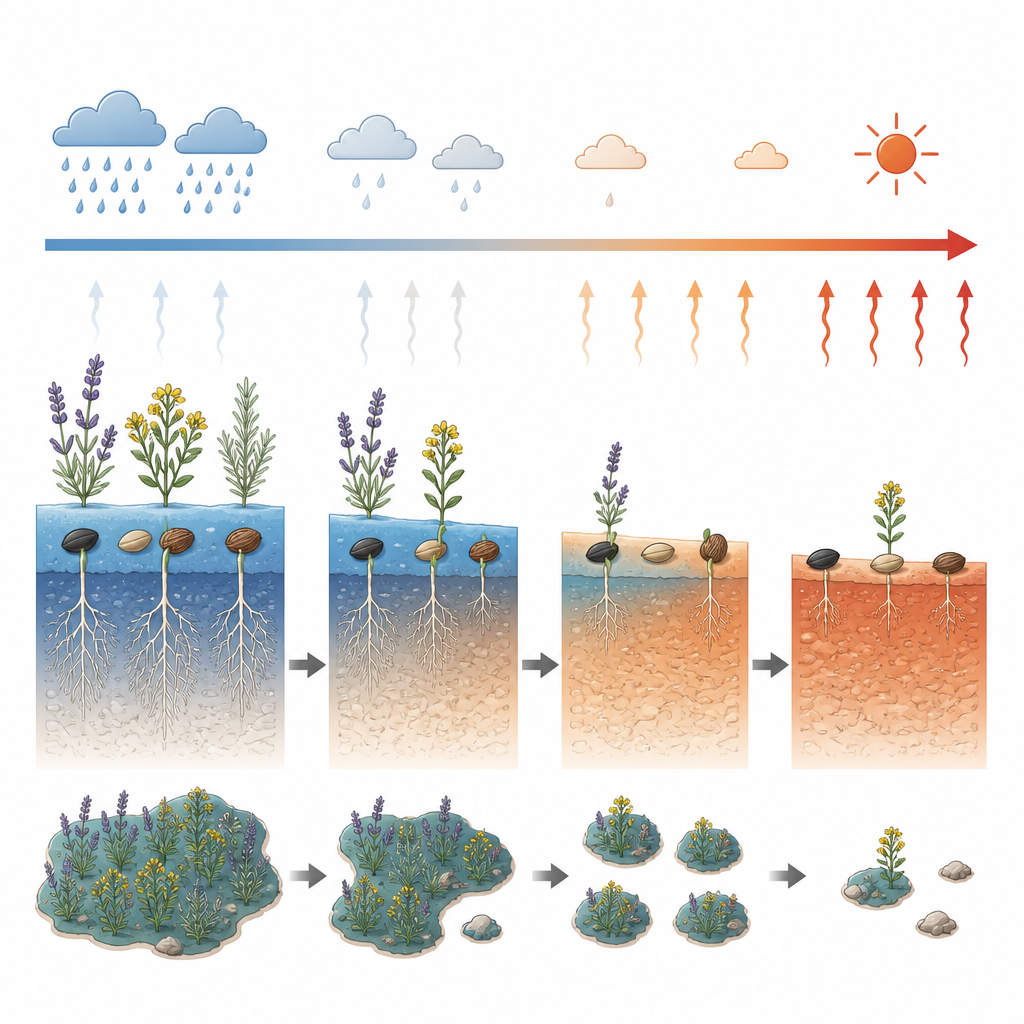 Figure 2. Wie steigende Temperaturen und schrumpfende natürliche Flächen im Lauf der Zeit den Keimerfolg von Samen mediterraner Pflanzen verringern.