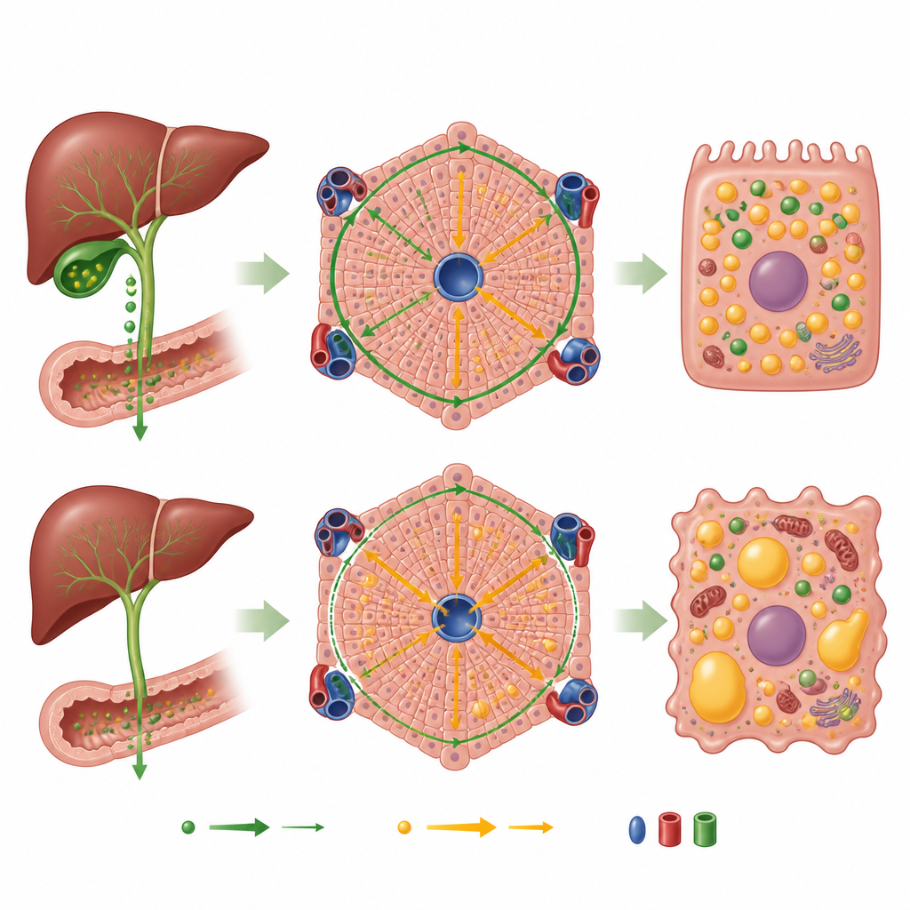 Figure 2. כיצד זרימת מיצי מרה רציפה לאחר אובדן כיס המרה מפרה את הטיפול של הכבד בכולסטרול וחומצות מרה.