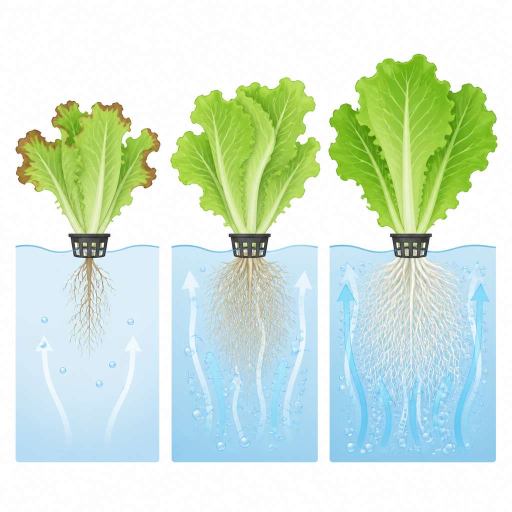 Figure 2. In che modo l’ossigeno aggiunto intorno alle radici migliora il flusso d’acqua nelle foglie e riduce l’imbrunimento dei margini.
