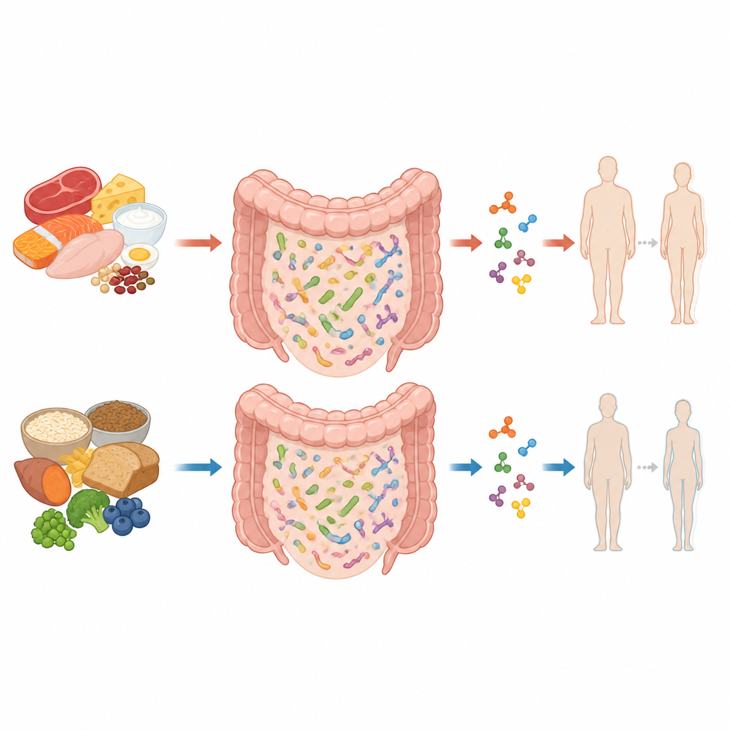 Figure 2. Unterschiedliche Proteinniveaus versorgen den Darm, doch die Zusammensetzung der Mikroben und ihre Stoffwechselprodukte bleiben stabil, während sich das Gewicht verändert.