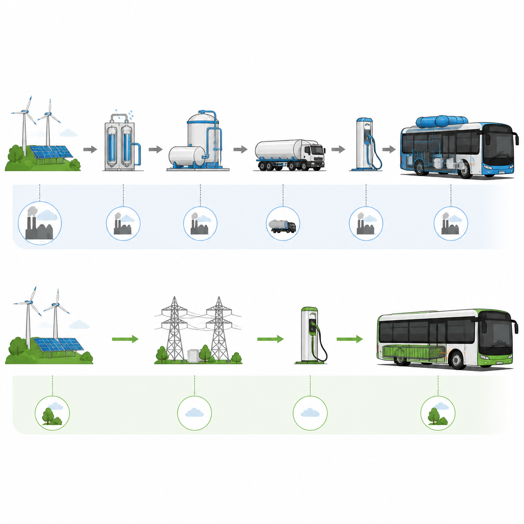 Figure 2. Energy paths showing fuel cell buses’ complex hydrogen chain versus simpler, more efficient battery charging.