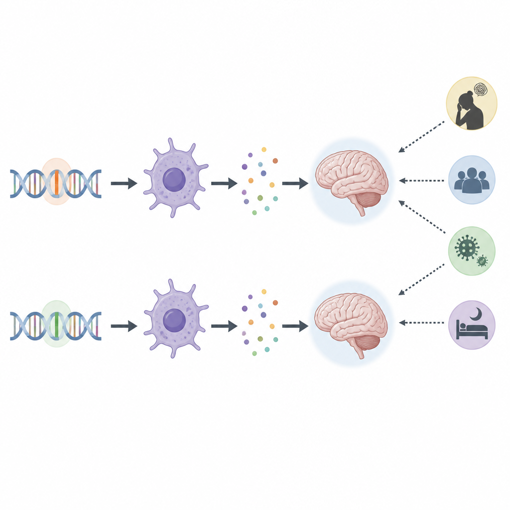 Figure 2. How a gene variant, immune activity, stress, and illness together shape the brain without a single switch for depression