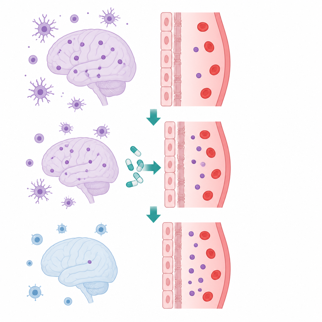 Figure 1. Un composto orale aiuta il confine del cervello a eliminare una proteina tossica mentre attenua l’infiammazione dannosa nell’Alzheimer.
