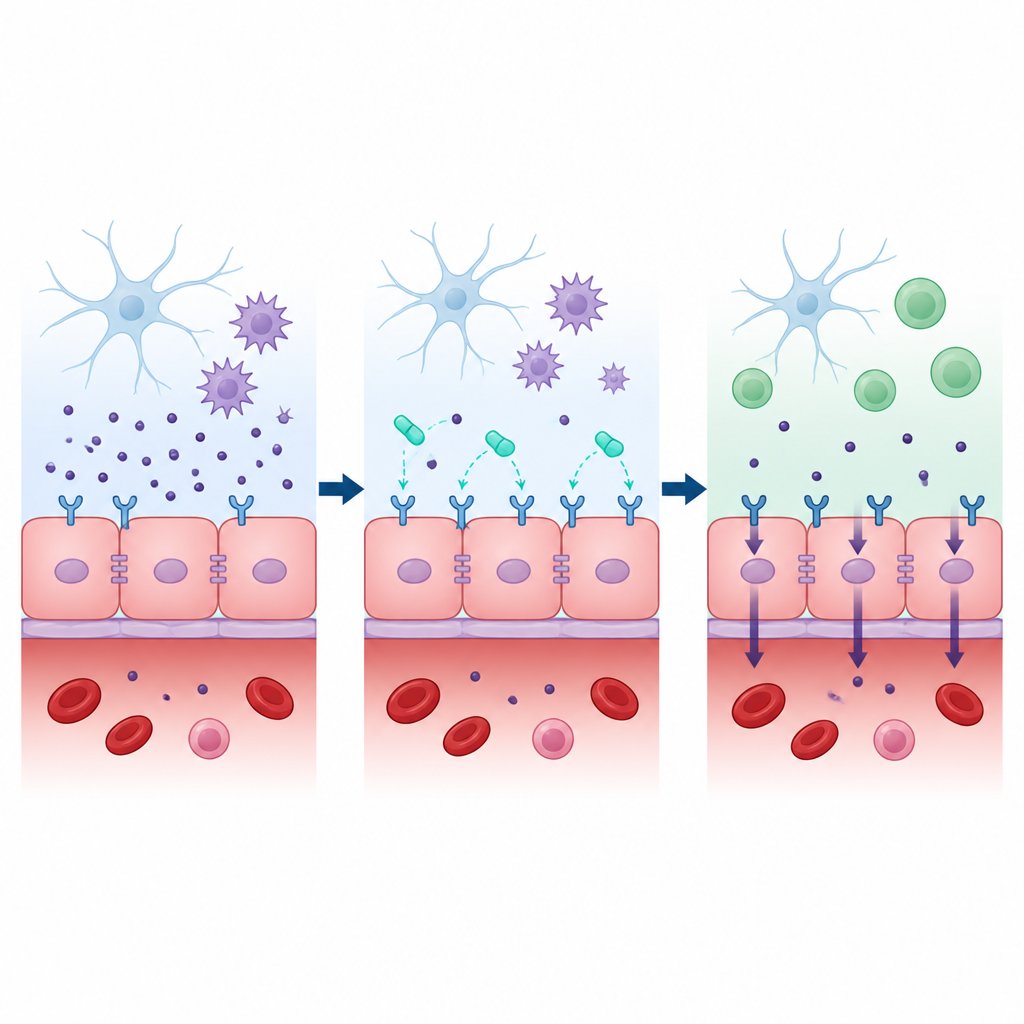 Figure 2. Bloccare una proteina di controllo aumenta i punti di uscita dei rifiuti al confine cerebrale e riconduce le cellule immunitarie a uno stato più calmo e protettivo.