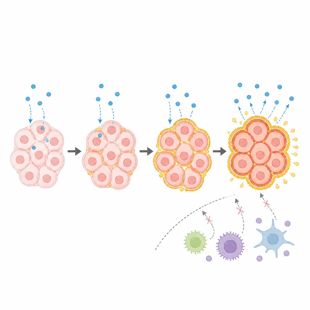 Figure 2. Schrittweise Veränderungen an Tumorzellmembranen und der Immunität, die Medikamente blockieren, wenn TMEM184A hoch ist