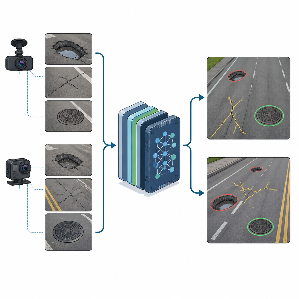 Figure 2. Wie Straßenfotos ein kompaktes KI-Modell trainieren, um Schlaglöcher, Risse und Schachtdeckel geräteübergreifend zu erkennen und zu unterscheiden.