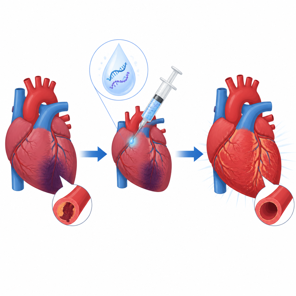 Figure 1. How a single tuned mRNA injection helps a damaged heart grow new vessels and recover after a heart attack