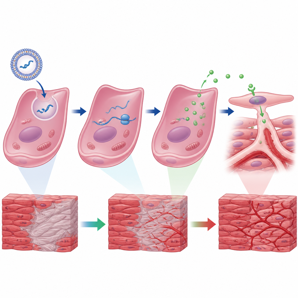 Figure 2. How therapeutic mRNA inside heart cells triggers a burst of vessel growth and reduces scarring step by step