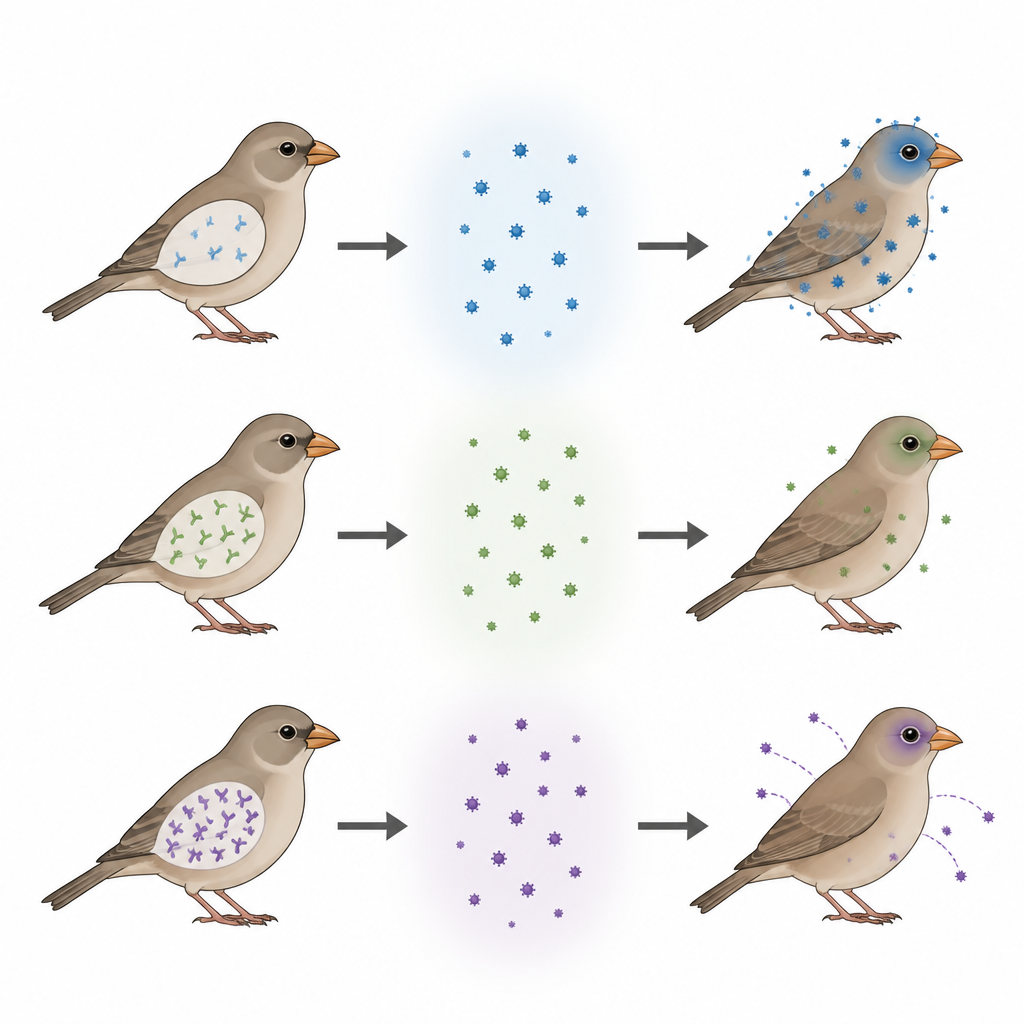 Figure 2. Diferentes niveles de anticuerpos en aves individuales que conducen a reinfecciones bloqueadas o intensas cuando vuelven a enfrentarse al mismo patógeno.