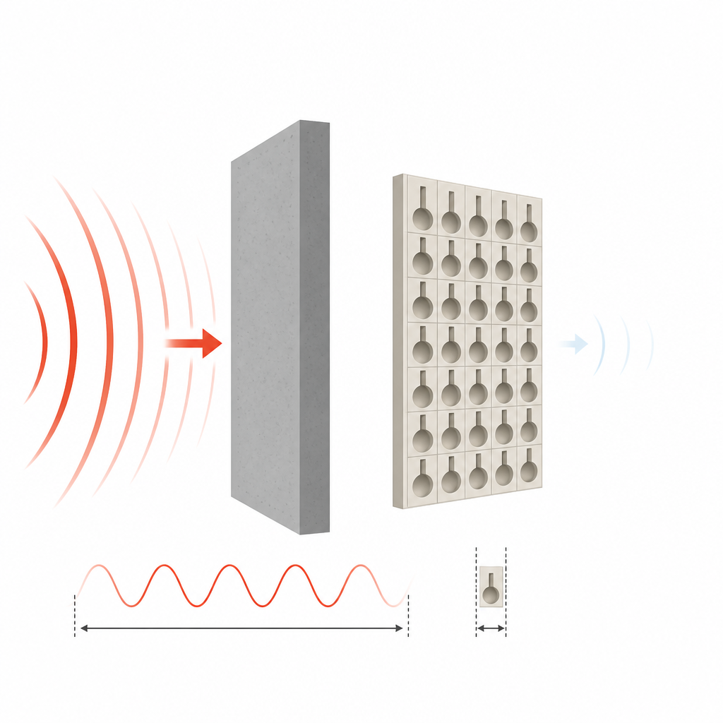 Figure 1. Wie winzige, 3D-gedruckte Schallzellen tiefe Töne wirksam blockieren können, obwohl sie deutlich kleiner sind als die von ihnen beherrschten Schallwellen.