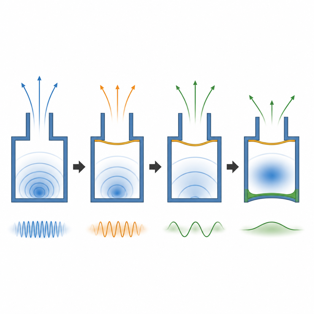 Figure 2. Wie flexible Membranen und weiche Wände in einem kleinen Resonator zusammenwirken, um die eingeschlossene Schallenergie zu verschieben und zu formen.