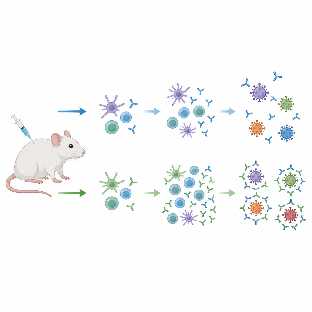 Figure 2. Wie eine Booster‑Impfung die Immunzellen und Antikörper bei Mäusen umformt, um stärkeren, länger anhaltenden Schutz vor COVID‑19‑Varianten zu bieten.