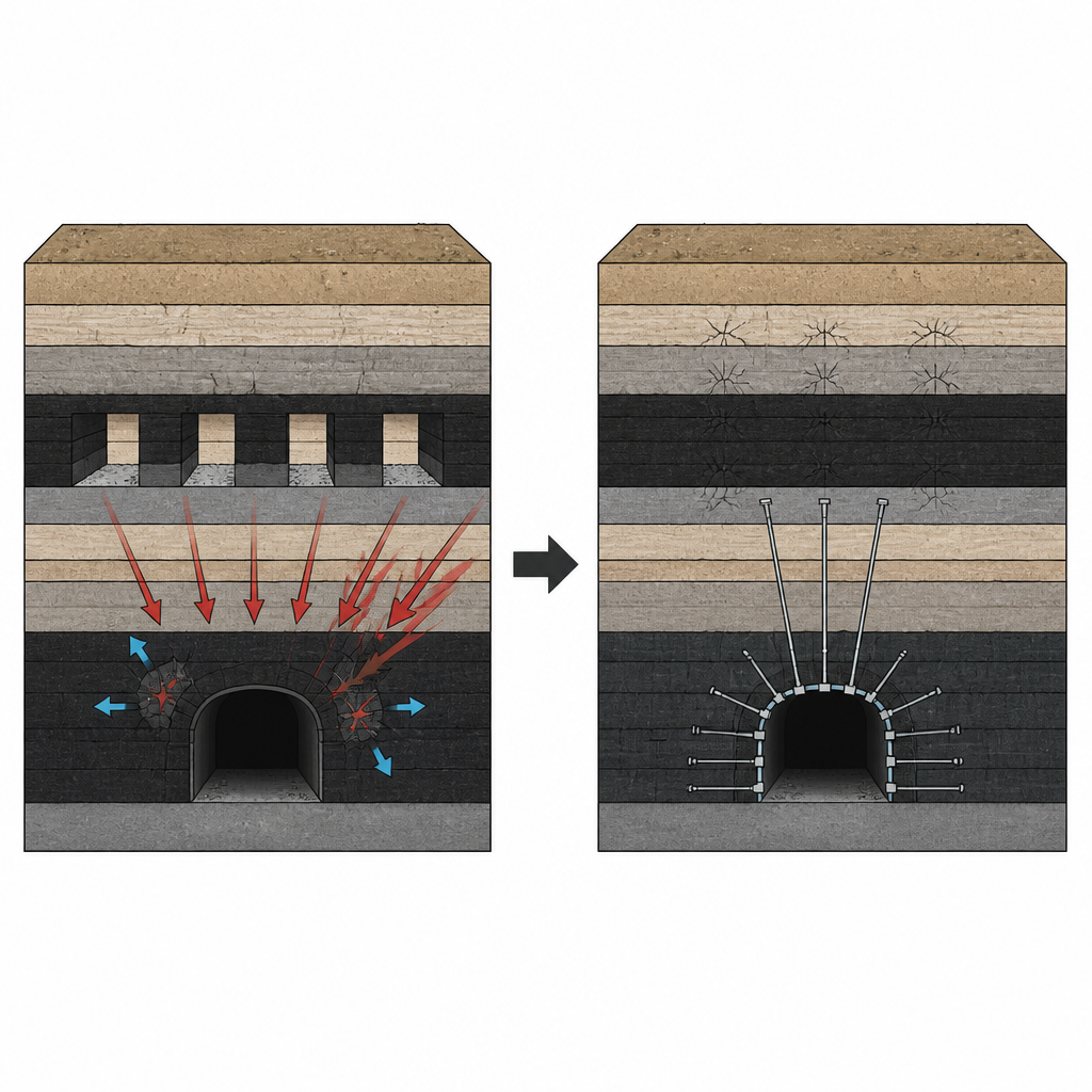 Figure 1. Wie verbleibende Kohlepfeiler und intelligentes Tunnel-Design die Spannungsverteilung um Fahrstrecken in der unteren Flözschicht beeinflussen.