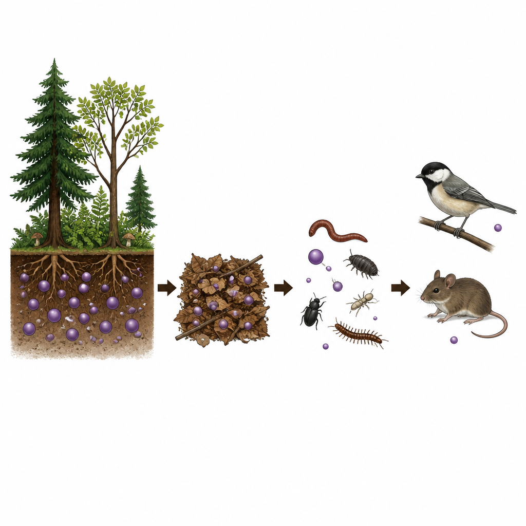 Figure 1. Come il litio si sposta dal suolo e dalla lettiera nelle piccole creature del suolo senza concentrarsi nei predatori apicali.