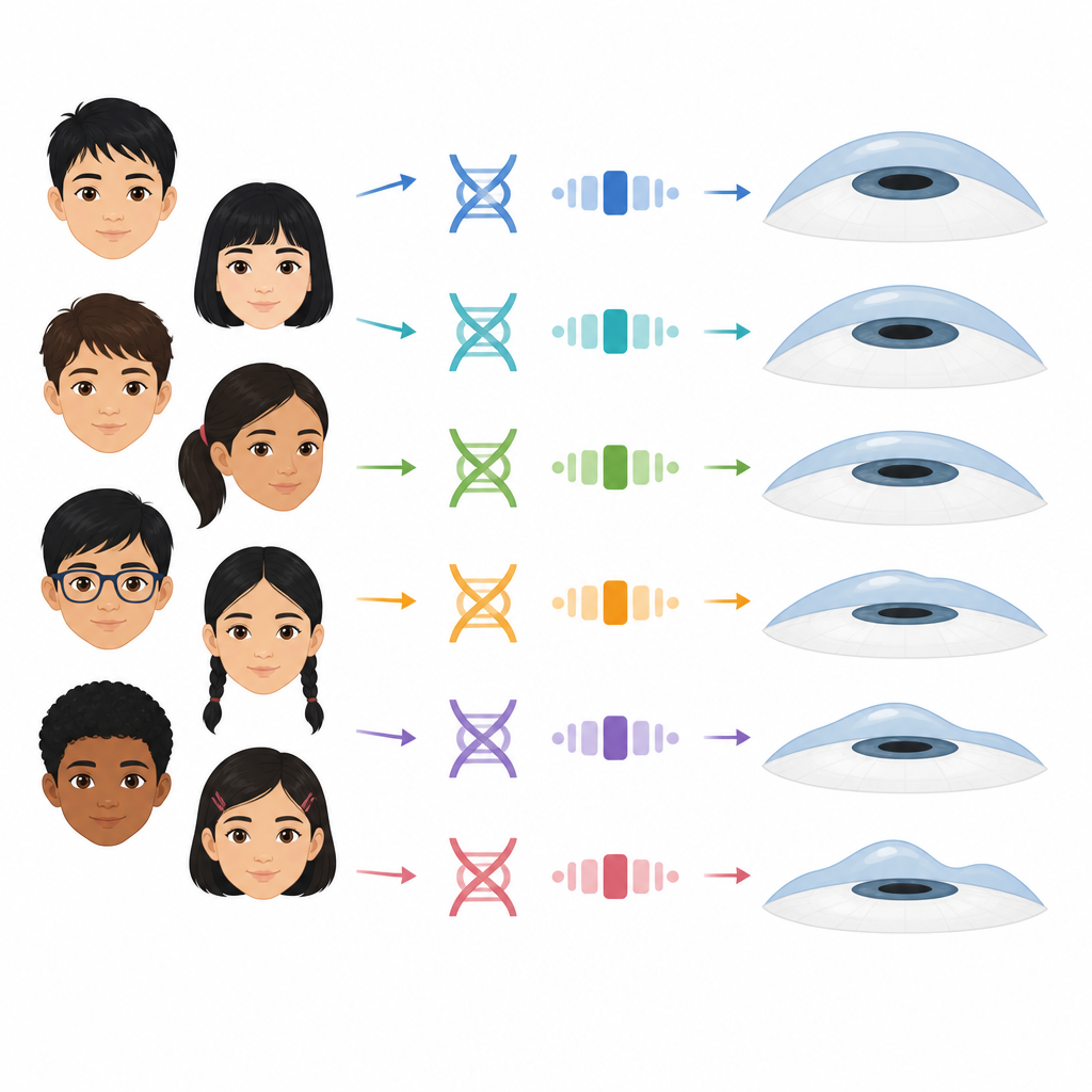 Figure 1. Come i geni dei bambini influenzano la forma della 'finestra' anteriore dell'occhio e il rischio di astigmatismo corneale.